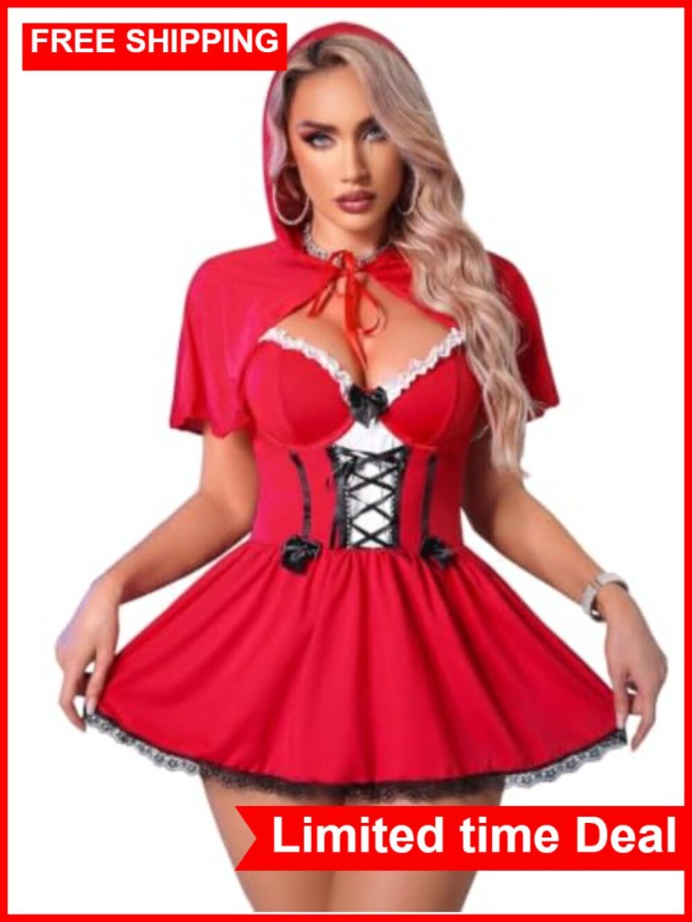 Sexy Red Riding Hood Costume Lingerie Dress Hooded Cape Halloween